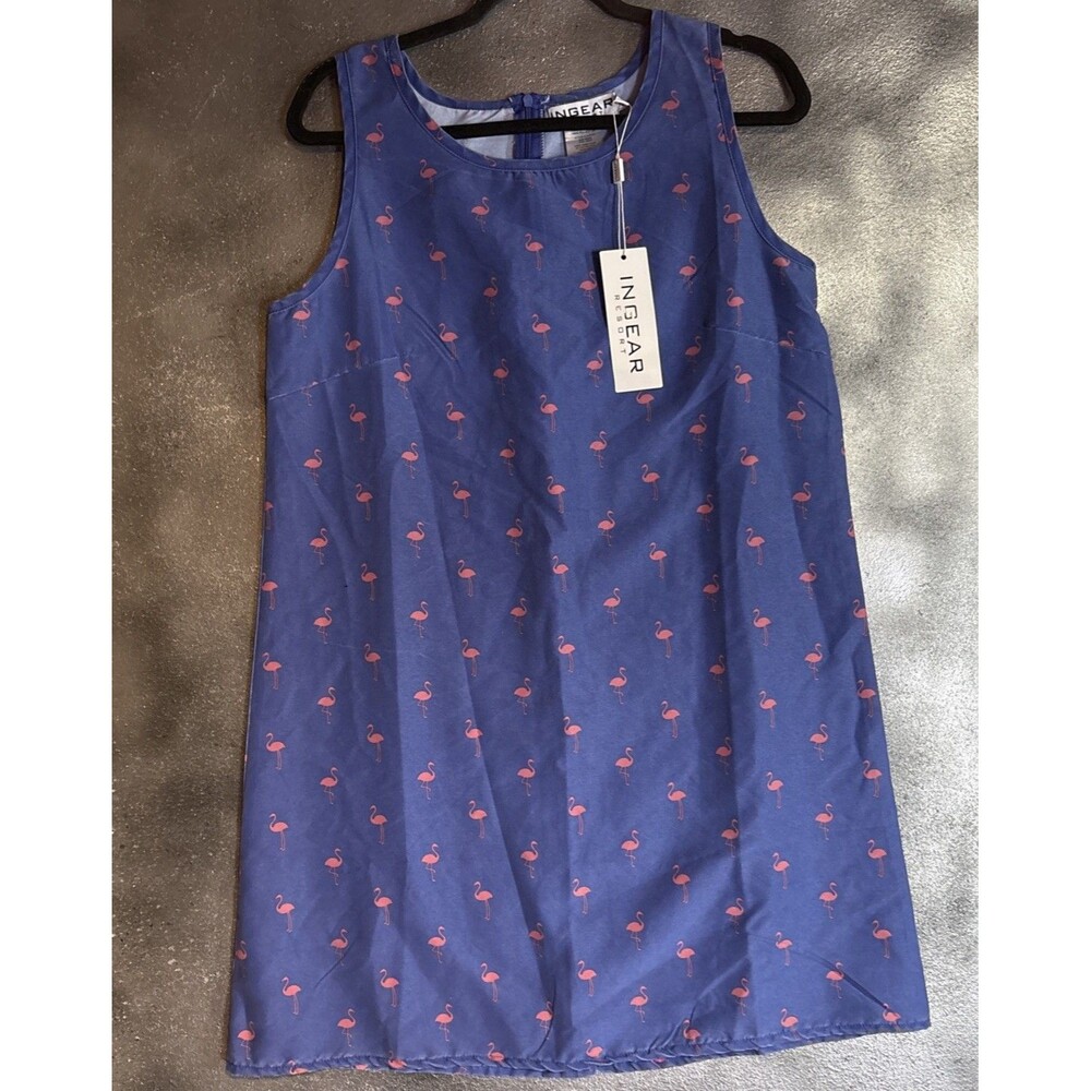 In Gear Resort Dress Blue Pink Flamingo Size M Tropical Vacation Cruise Beach